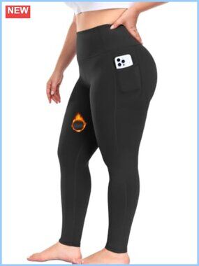 Plus Size Fleece Lined Thermal Leggings Pockets High Waist Yoga Pants 27"